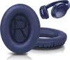 A close-up of navy blue ear pads for headphones, with a pair of navy blue headphones in the background. Produktbild-Vorschau