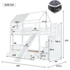A diagram showing the dimensions of a white bunk bed with a slide and stairs. Produktbild-Vorschau