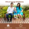 A family is sitting on a wooden garden bench outdoors, surrounded by greenery. Anteprima dell’immagine prodotto