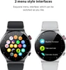 Two smartwatches are displayed side-by-side, showcasing different menu interfaces. The left smartwatch has a grid of colorful app icons, while the right smartwatch displays a list of features like weather forecast, exercise tracking, and exercise records. Náhled obrázku produktu