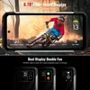 A smartphone displaying a mountain biker, with feature callouts and a secondary display demonstration below. Produktbild-Vorschau