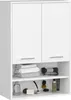 A white bathroom wall cabinet with two doors and open shelves, displaying various bathroom items. Produktbild-Vorschau