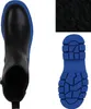 A top-down view of a black boot with a blue sole and a separate image of the blue sole. Produktbild-Vorschau