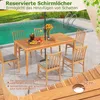 A wooden dining set with chairs and a table with food and drinks, placed outdoors next to a swimming pool. Náhled obrázku produktu