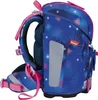 A side view of a blue backpack with a star pattern and pink accents. Produktbild-Vorschau