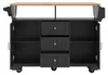 A black kitchen island with a wooden top, featuring open shelves and drawers. Produktbild-Vorschau