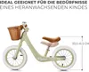 A light green balance bike with a brown basket and seat, shown on a white background with measurement indicators. Anteprima dell’immagine prodotto