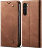 A brown flip-style phone case for a OnePlus Nord phone is shown from the front and side. Produktbild-Vorschau