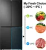 A refrigerator with a diagram showing temperature settings and images of food. Produktbild-Vorschau