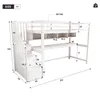A diagram showing the dimensions of a white bunk bed with a desk and stairs. Produktbild-Vorschau
