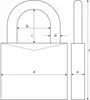 A diagram of a padlock with various dimensions labeled with letters. Podgląd zdjęcia produktu