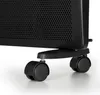 A close-up view of the bottom part of a black electric heater, showing its wheels and base. Náhľad obrázku produktu