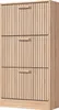 A tall, narrow shoe cabinet with three doors, made of light-colored wood with a slatted front. Voir les images du produit