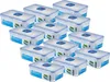 A stack of clear plastic food storage containers with blue lids. Produktbild-Vorschau