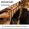 A person's hands braiding a child's hair, with text overlays. Produktbild-Vorschau
