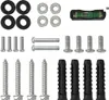 A collection of hardware components, including screws, washers, wall plugs, and a spirit level, arranged on a white background. Náhled obrázku produktu