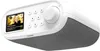 A white digital radio with a gray speaker grille is shown from a diagonal angle. Voir les images du produit