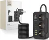 A black power strip with multiple outlets and USB ports, shown next to its packaging. Anteprima dell’immagine prodotto