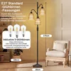 A floor lamp with three rattan shades is shown in a room next to an armchair. Text overlays provide product details and dimensions. Náhľad obrázku produktu