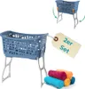 A blue laundry basket with white legs is shown, along with a tag that says '2er Set' and a stack of rolled towels. Produktbild-Vorschau