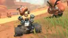 A racing kart with cannons is driving on a dirt track with Goombas attacking. Produktbild-Vorschau