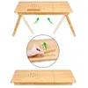A multi-panel image showing a bamboo laptop table with adjustable legs and a removable piece for ventilation. Produktbild-Vorschau