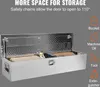 An open aluminum toolbox with tools and other items inside, set against a plain gray background with text overlays highlighting features and potential contents. Náhled obrázku produktu