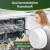 A woman is shown near a dishwasher, holding a white circular object. The dishwasher is open, and its racks are visible. Produktbild-Vorschau