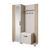 A modern hallway storage unit with a mirror, shelf, hooks, and a bench with storage. Produktbild-Vorschau