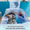 A bedding set featuring characters from Disney's Frozen, set in a winter forest scene. Produktbild-Vorschau