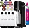 A SodaStream Art sparkling water maker with multiple flavor bottles and reusable bottles, along with a CO2 cylinder. Produktbild-Vorschau