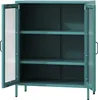 An open teal metal cabinet with glass doors and three shelves. Podgląd zdjęcia produktu