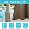 Outdoor curtains shown in a setting with a swimming pool and a white pillar, with feature icons below. Produktbild-Vorschau