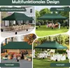 A collage of four images showing a green pop-up tent used for different events and purposes: family gatherings, picnics, markets, and weddings. Produktbild-Vorschau