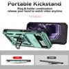 A phone case with a kickstand and ring holder, shown from multiple angles, with marketing text and feature comparisons. Produktbild-Vorschau