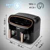 A product shot of a black dual-chamber air fryer with gold accents, featuring dimensions and power specifications overlaid on the image. Produktbild-Vorschau