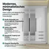 A white wardrobe with mirrored doors and drawers, with text overlay describing its features. Produktbild-Vorschau