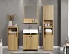 A modern bathroom vanity set with a sink, mirror, and storage cabinets. Produktbild-Vorschau
