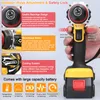 A hand holding a cordless drill with feature callouts. Produktbild-Vorschau