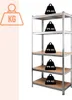 A metal shelving unit with weight indicators on each shelf, set against a light pink and white background. Produktbild-Vorschau