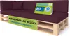 A sofa made from wooden pallets with purple cushions, featuring marketing labels. Náhľad obrázku produktu