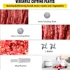 Close-up images of ground meat, grinding plates, blades, and a meat pusher, with text describing the versatility of cutting plates. Náhľad obrázku produktu
