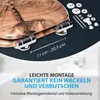 A close-up of a wooden toilet seat with mounting hardware and text overlays. Produktbild-Vorschau