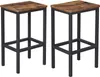 Two bar stools with wooden seats and black metal frames are shown against a white background. Podgląd zdjęcia produktu