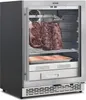 A VEVOR dry-aging refrigerator with three large cuts of beef hanging inside, and a tray of what appears to be salt blocks below. Voir les images du produit