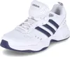 A white Adidas sneaker with blue stripes, shown from a side angle on a white background. Voir les images du produit