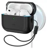 A black protective case for Apple AirPods Pro 3, shown with the earbuds inside and the case open. A magnetic charging pad is visible in the background. Anteprima dell’immagine prodotto