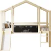 A wooden loft bed with a slide and a chalkboard panel. Produktbild-Vorschau