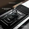 A close-up view of a black phone case with a ring holder and camera protection, featuring descriptive text labels. Produktbild-Vorschau