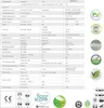 A table of product specifications and certifications, with marketing badges on the right side. Produktbild-Vorschau